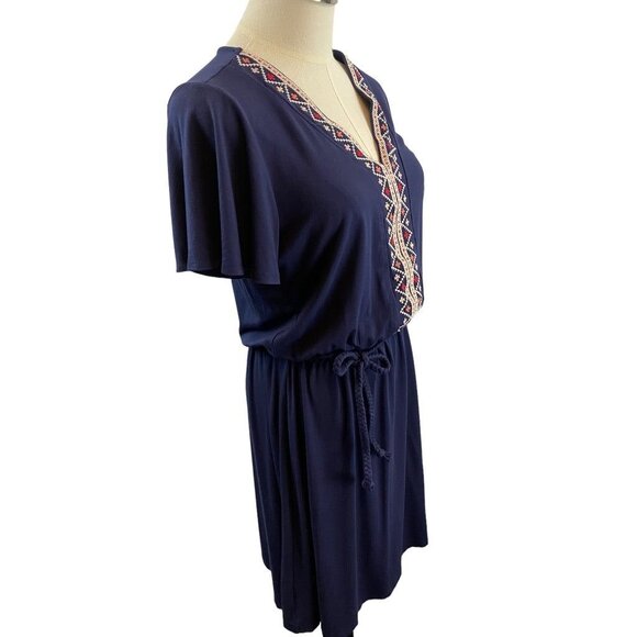 Small Tall Old Navy Navy Blue Knit Embroidered V-Neck Boho Dress - Picture 13 of 16